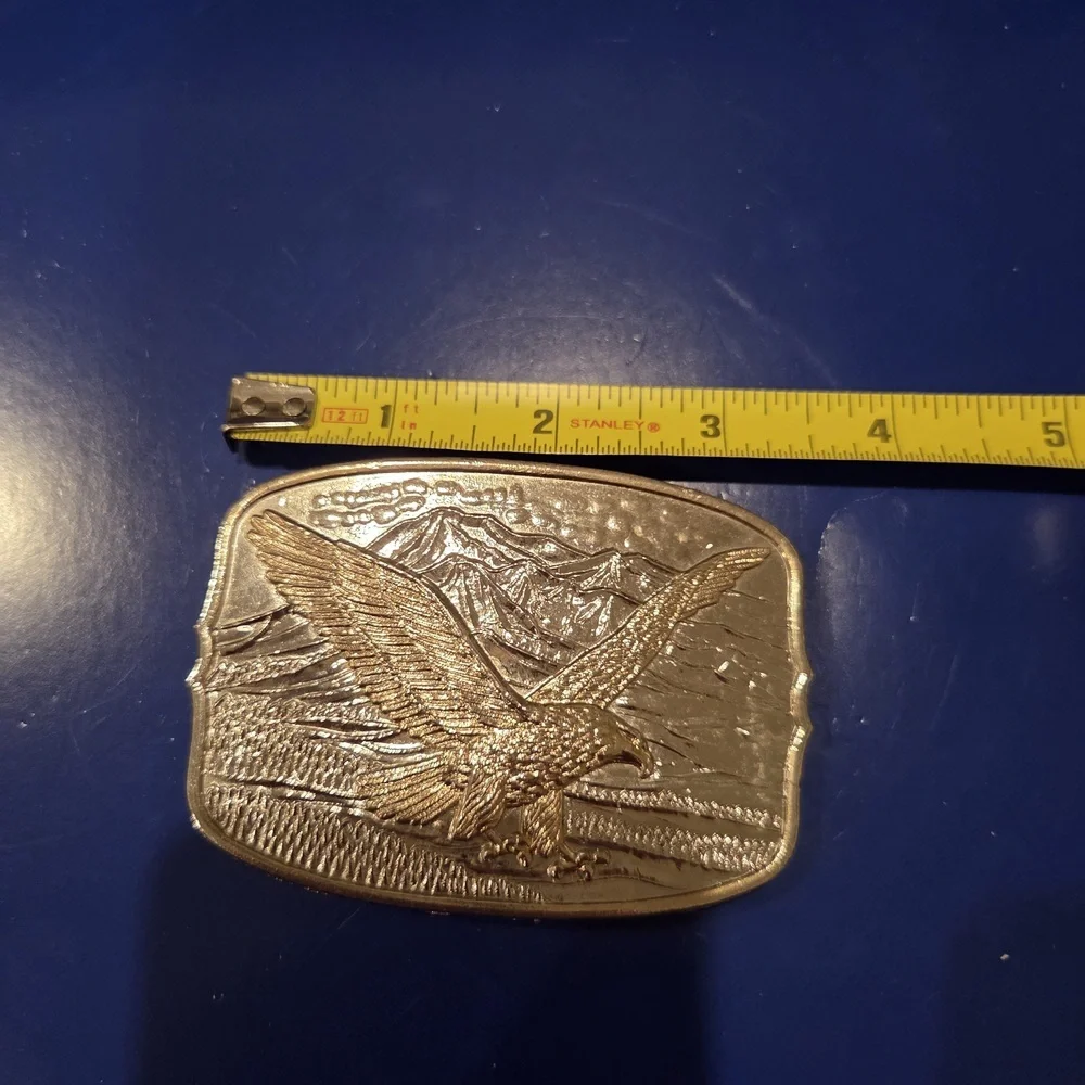 Soaring Eagle Mountain Scene Belt Buckle Brass Gold Tone Rectangular
